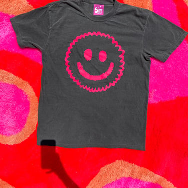 Happy Face Graphic T-Shirt, Faded Black T-Shirt, neon pink, neon green 