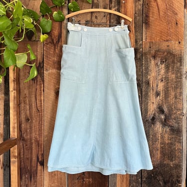 True Vintage 40s Women’s Chambray Wrap Skirt Apron Utility Pockets faded size 28 waist 