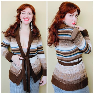 1970s Vintage Partners Striped and Belted Sweater / 70s / Seventies Acrylic Brown and Blue Knit Cardigan / Medium - Large 