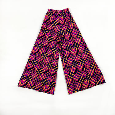 1970s Bright Geometric Print Elephant Bell Bottom Pants / Elastic Waist / Pull On / S / 70s / Barkcloth / Abstract Plaid / Magenta / Hippie 