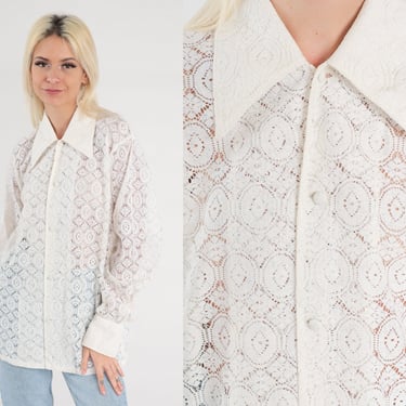 White Lace Blouse SHEER Lace Shirt 70s Boho Top Button Up Dagger Collar Geometric Vintage Romantic Bohemian Long Sleeve Extra Large xl 