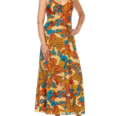 1970S Orange  Blue Multi  Nylon Psychedelic Floral Print Dress 