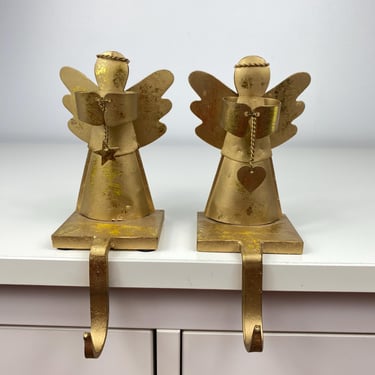 Pier 1 Christmas Angel Stocking Hanger Set of 2,  Holder Star Gold Tone Heavy Metal, Christmas Angel, Traditional Holiday Decor, Gold Angles 