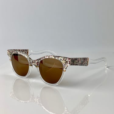 Vintage 1950'S Cat Eye Sunglasses - Clear Plastic Frames  - Multi Colored Glitter - New Brown UV Glass Lenses - Optical Quality 