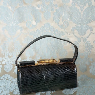 Vintage 1950s Black Snakeskin Structured Handbag with Top Handle and Large Gold Tone Clasp Originally Purchased in Argentina 