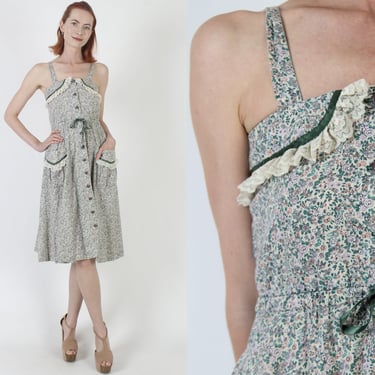 Green Floral Calico Print Hippie Sundress, Cottagecore Button Up Summer Dress, Vintage Patch Pocket Prairie Outfit 