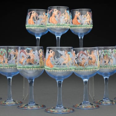 Antique Bohemian Enameled Glass Stemmed Cordial Glassware Set of 10 