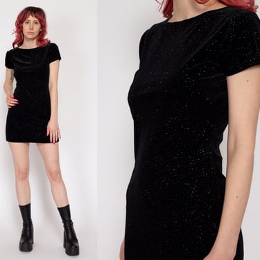 Petite XS 90s Black Velvet Sparkle Mini Dress | Vintage Grunge Short Sleeve Little Black Dress 