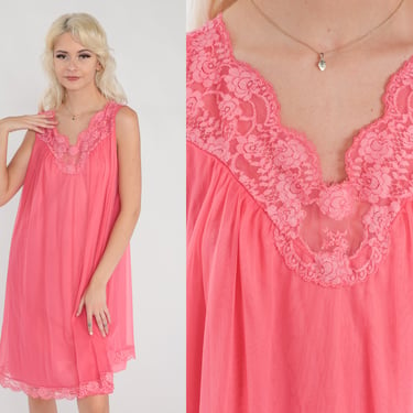 Pink Slip Dress 70s Lace Trim Lingerie Nightgown Semi-Sheer Mini Nightie Nylon Tent Flowy Retro Romantic Sleeveless Vintage 1970s Medium M 