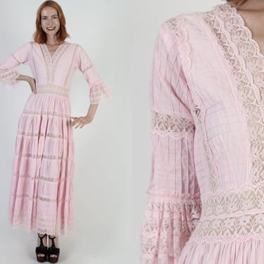 Pink Mexican Wedding Pintuck Maxi Dress South American Crochet Lace Gown Ethnic Angel Bell Sleeves 