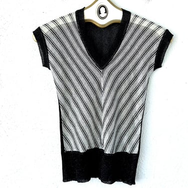 Vintage 60s 70s Disco Glam Metallic Silver Shirt Black Mod Striped Ribbed Sweater Vest Top 