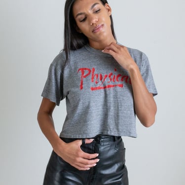 Vintage gray cotton blend Physical cropped tee shirt // L (2453) 