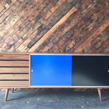 Mid Century Style Custom Blue Black Large Walnut Credenza - Made to Order , What Size would you like? 
