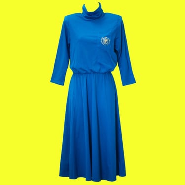 Vintage 1980s Dress | 80s Turtleneck Blue Dress with Shoulder Pads | Medium | 8 
