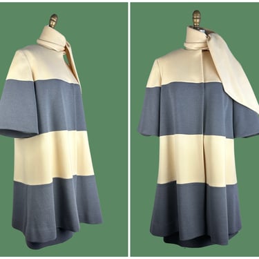 LILLI ANN KNIT London • Vintage 60s Coat Dress and Scarf Set | 1960s Gray & Cream Color Block | Mod, Space Age, Designer Suit | Size Small 