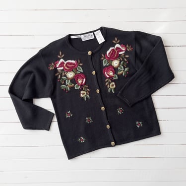 black embroidered sweater | 90s vintage Jantzen cute cottagecore embroidery floral soft fuzzy cardigan 
