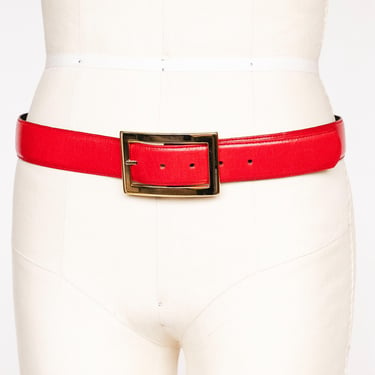 1980s Belt Thick Red Leather Gold Buckle Waist Cinch L 