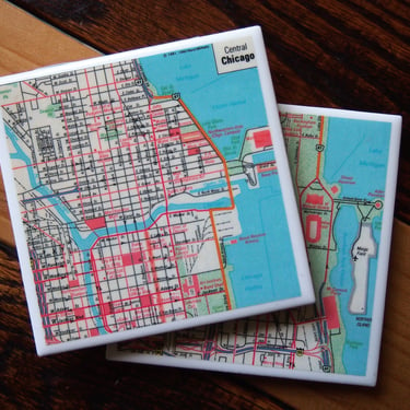 1981 Chicago Illinois Map Coaster Set of 2. Illinois Coasters. Chicago Map. Vintage Chicago Gift. University of Chicago. Downtown Grant Park 