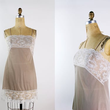 70s Nude and White Lace Mini Slip Dress / Wedding Lingerie / Size S/M 