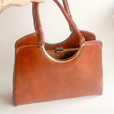 1970s Structured Caramel Faux Leather Handbag