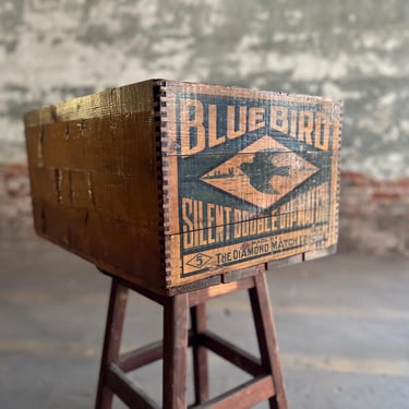 Antique Blue Bird Matches Wood Finger-Jointed Crate Home Decor 