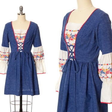 Vintage 1970s Dress | 70s Floral Embroidered Denim Corset Lace Up Peasant Blue Long Sleeve Hippie Boho Mini Skater Dress (small) 