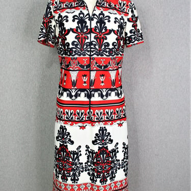 1970s - Shirtdress - Mod - Op Art - Red White Blue - Zip Front - Estimated L 