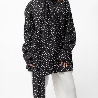 Oversized Tie Neck Asymmetric Polka Dot Blouse