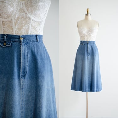 denim midi skirt | 80s 90s vintage Talbot's faded blue jean fit and flare skirt 