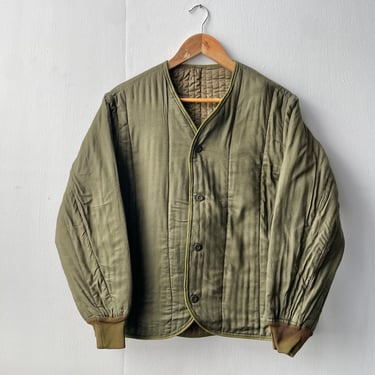 Vintage Cotton Quilted Liner - Military Jacket - Olive Green / Brown 