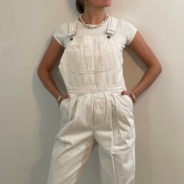 90s ESPRIT denim overalls / vintage white denim pleated painter carpenter utility overalls | Medium 