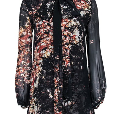Intermix - Black & Brown Floral Print Silk Shift Dress w/ Necktie Sz P