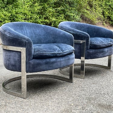 Milo Baughman Chrome Barrel Back Chairs in Original Blue Velvet 