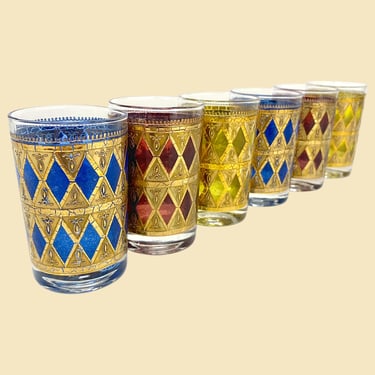 Vintage West Virginia Glass Juice Glasses Retro 1960s Mid Century Modern + Rainier + Blue/Cranberry/Yellow + Set of 6 + Kitchen Drinkware 