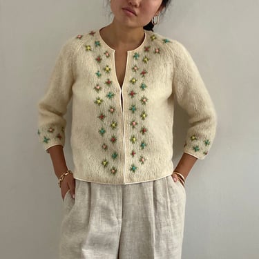 60s hand knit embroidered cardigan sweater / vintage creamy white mohair embroidered floral rose bud handknit cardigan sweater | M 