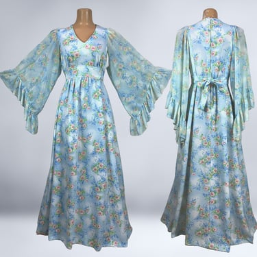 TLC SALE- Vintage 70s Blue Floral Sheer Angel Sleeve Maxi Dress Size 10 | 1970s Hostess Dress | As-Is Wounded Sale | VFG 