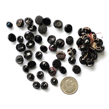 58 Diminutive Black Glass Button Lot C. 1900 - 1950 