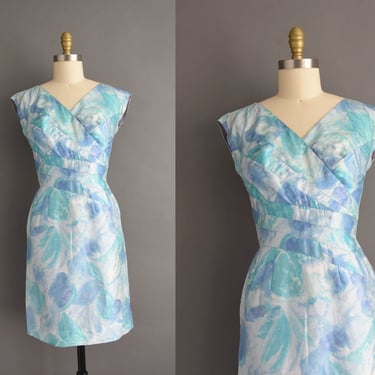 1950s vintage Blue Abstract Silk Print Wiggle Dress | Small 
