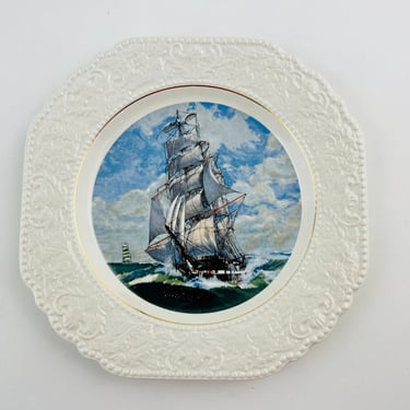 Vintage Lord Nelson Tall Ship plate, 1970s embossed edge, gilt trim, made in England, nautical decor, ship decor, collectible, gift 
