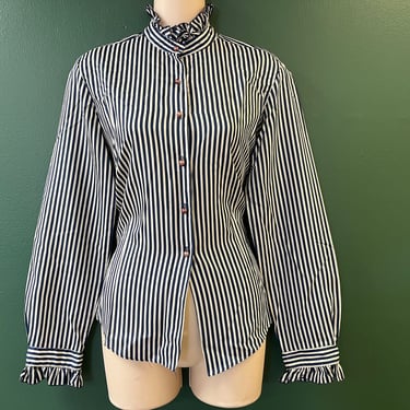 vintage ruffle blouse 70s high neck striped secretary medium 