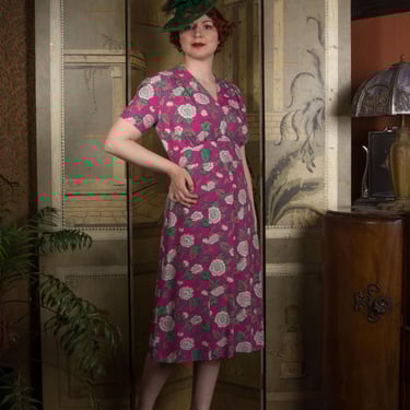 1940s Dress - Striking Raspberry 40s Day Dress with Floral Print and Surplice Neckline 