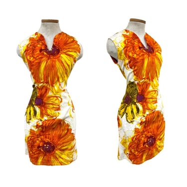 Vtg 70s 1970s Dayglo Era Alice Polynesian Hawaiian Tiki Floral Mini Dress 