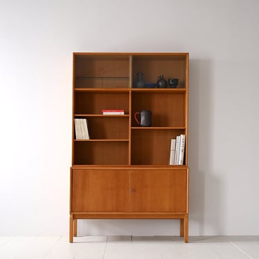 Vintage Oak Bookcase with Display Cabinet - 1960s Scandinavian Modern Furniture 