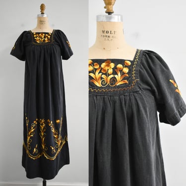 1970s Black Cotton Embroidered Mexican Caftan 