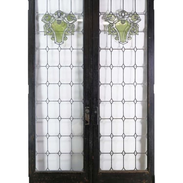 Antique Leaded Glass Lite Narrow Oak Double Doors 105 x 64.5