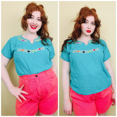 1980s Vintage Cotton Turquoise Peasant Blouse / Embroidered Short Sleeve Knit Folk Shirt / Size Large 