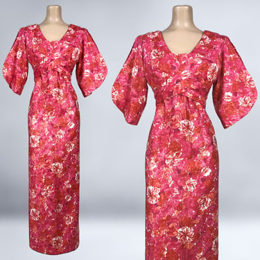 VINTAGE 50s 60s Pink Floral Hawaiian Wrap Bust Sexy Maxi Dress | 1950s 1960s Tiki Luau Pake Muu Gown | Nani Hawaii | VFG 