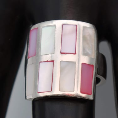 80's 925 silver Mother of Pearl size 7.25 boho ring, curved square MOP panes in sterling beach statement 