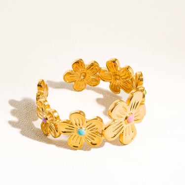 Bali 18K Gold Non-Tarnish Flower Stack Adjustable Ring