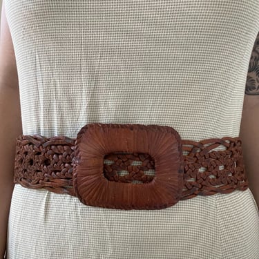 Vintage 1970s Womens Brown Leather Braided Western Wide Waist Dress Belt Sz L 